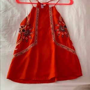 Red high neck embroidered blouse